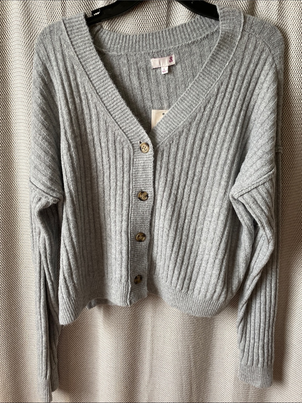SO Light Gray Ribbed V-Neck Button Cardigan
